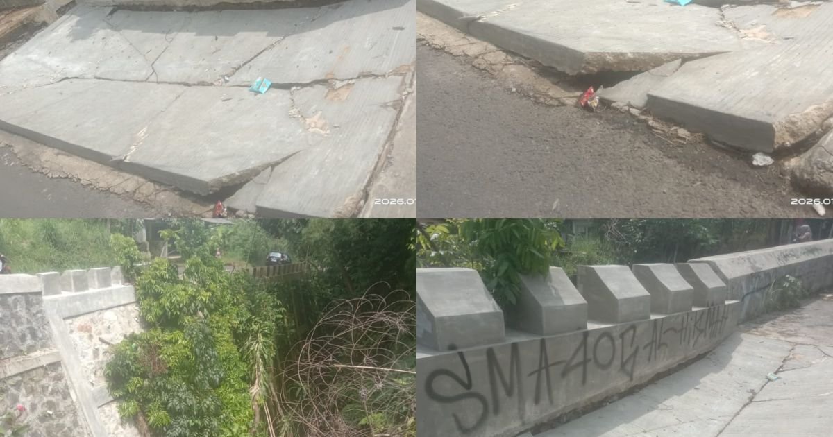 Kondisi Dinding Penahan Tanah (DPT) di ruas Jalan Cinangneng–Tenjolaya, Kecamatan Tenjolaya, Kabupaten Bogor.